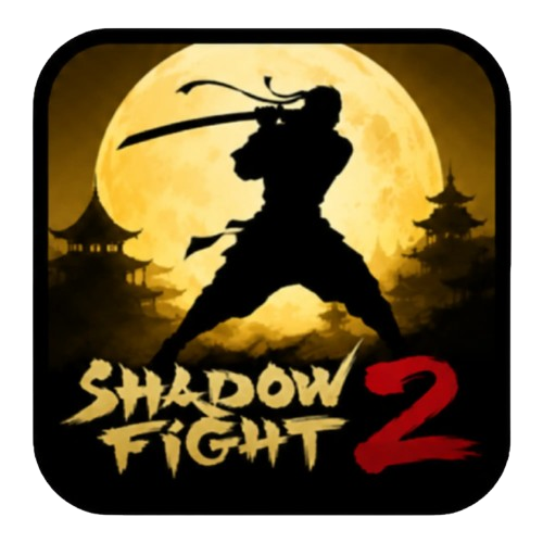 Shadow Fight 2 MOD APK logo featuring a shadow warrior with a glowing moon background