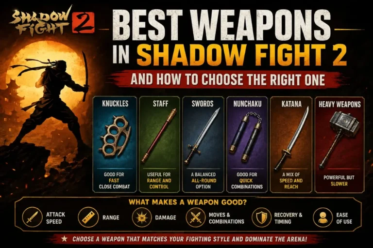 Best weapons in Shadow Fight 2 guide showing Knuckles, Staff, Swords, Nunchaku, Katana, and Heavy Weapons with tips for choosing the right weapon based on speed, range, damage, and fighting style.