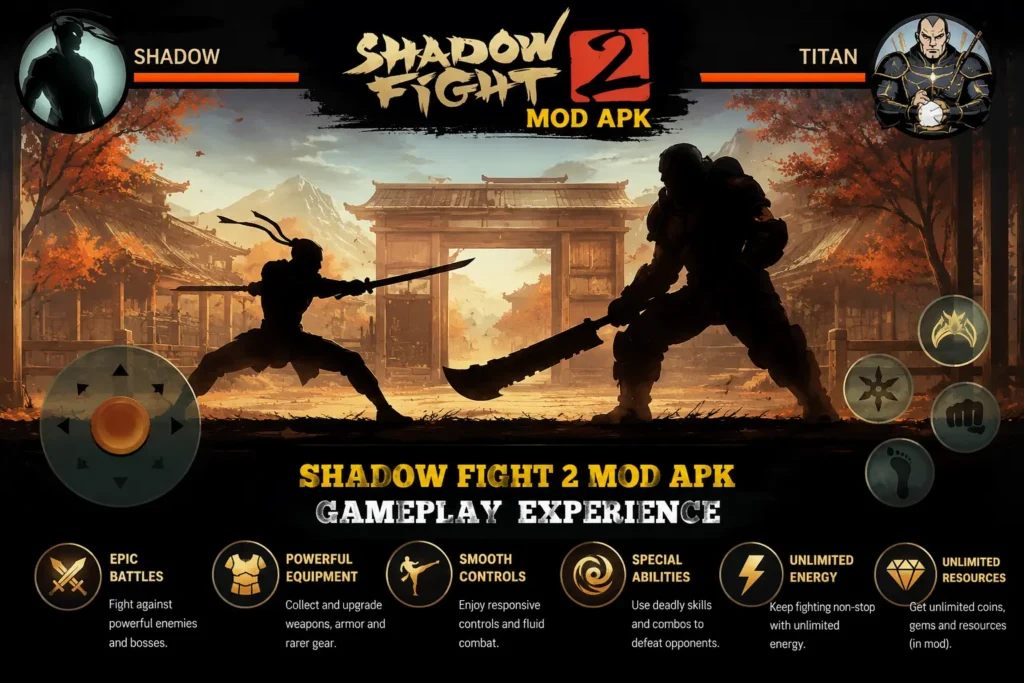 Shadow Fight 2 MOD APK gameplay experience with shadow warrior and Titan