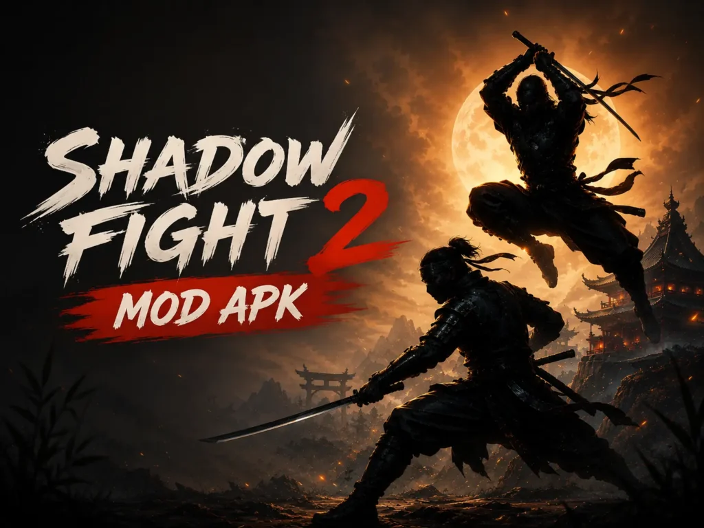Shadow Fight 2 MOD APK featuring shadow warriors and sword fighting