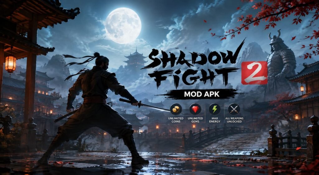 Shadow Fight 2 MOD APK warrior in a moonlit martial arts setting