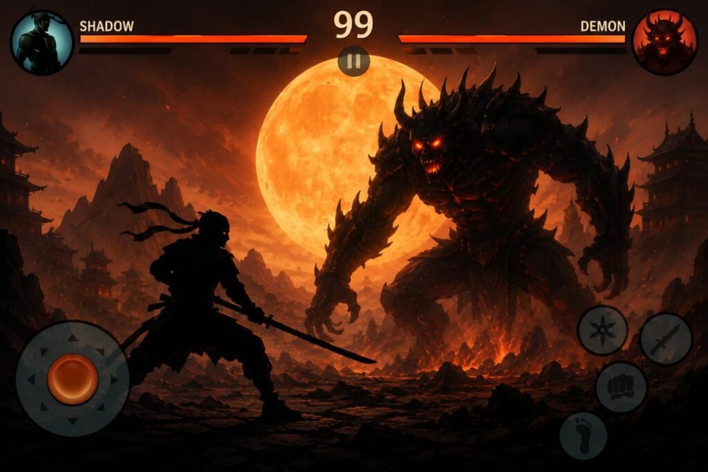 Shadow Fight 2 MOD APK gameplay showing Shadow battling a giant Demon boss under a blood moon.
