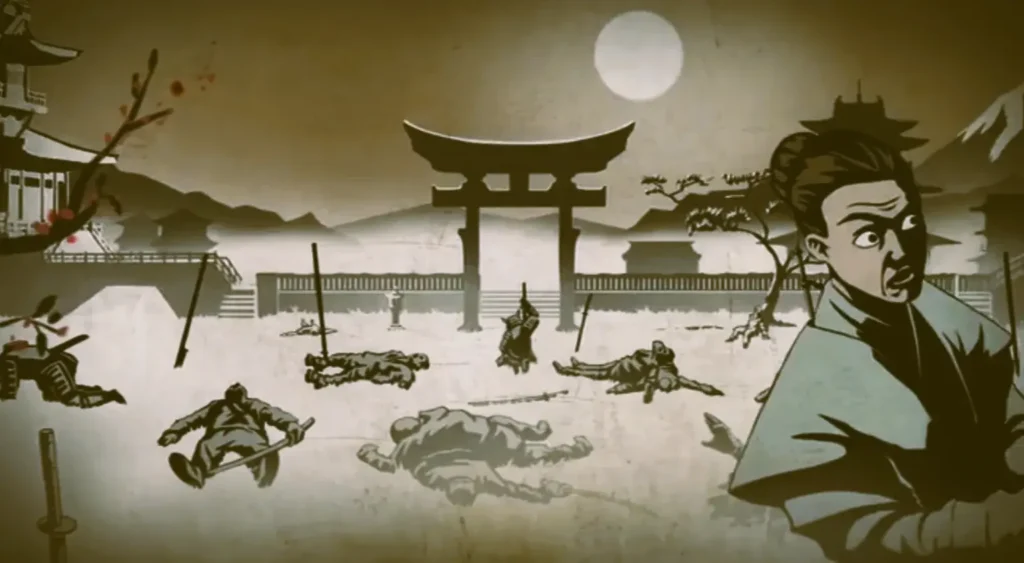 Shadow Fight 2 story scene with warriors in a Japanese temple
