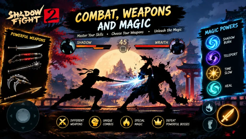 Shadow Fight 2 combat weapons and magic gameplay