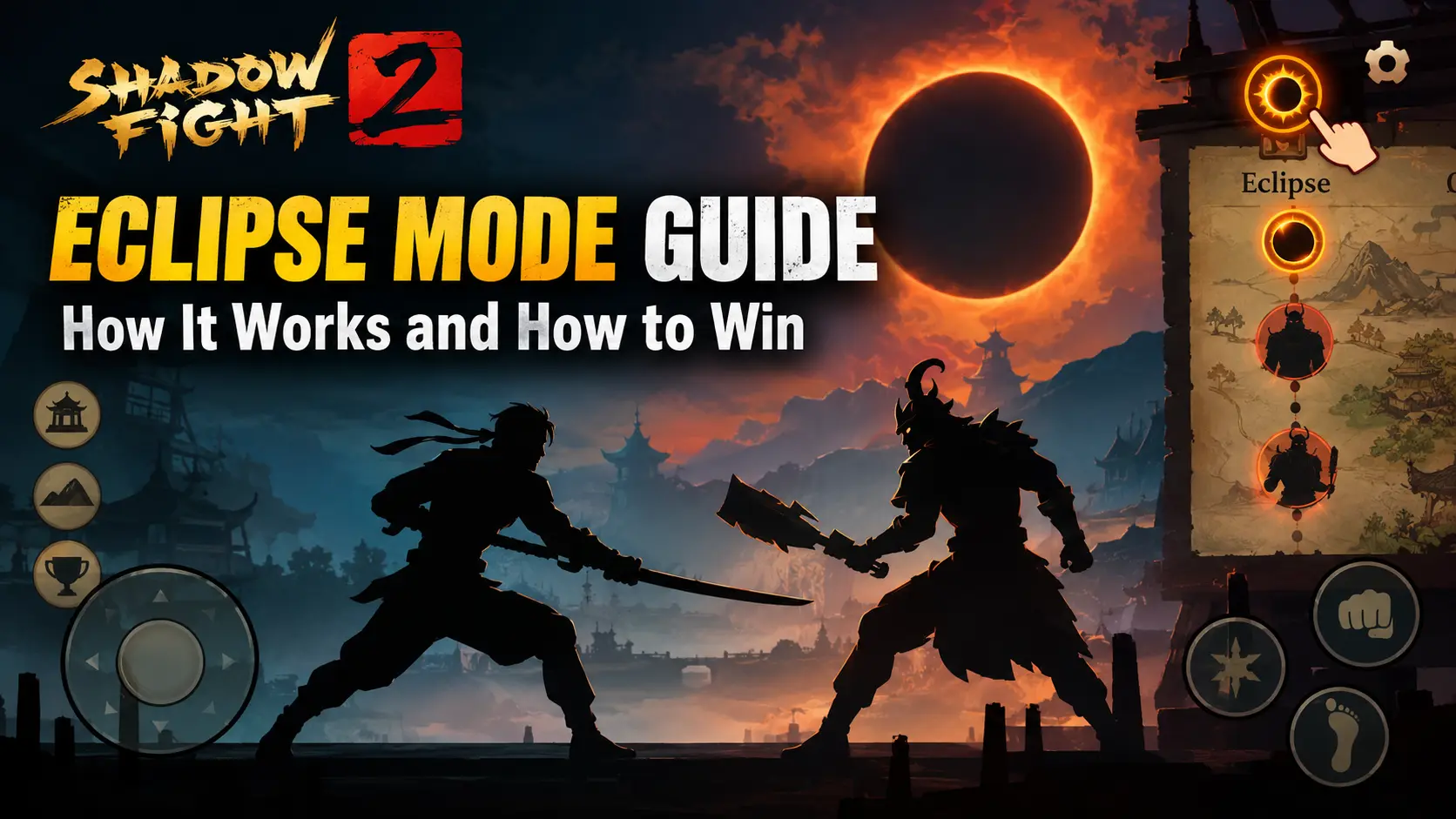 Shadow Fight 2 Eclipse Mode guide showing an eclipse battle, warrior combat, and Eclipse map