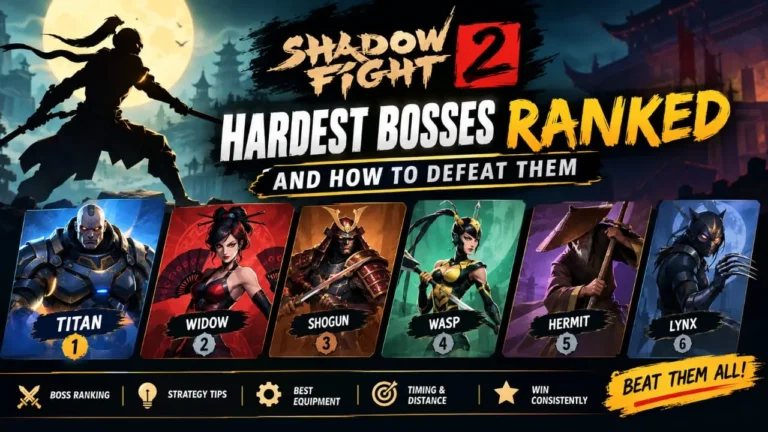 Shadow Fight 2 hardest bosses ranked including Titan, Widow, Shogun, Wasp, Hermit and Lynx