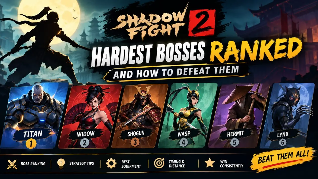 Shadow Fight 2 hardest bosses ranked including Titan, Widow, Shogun, Wasp, Hermit and Lynx