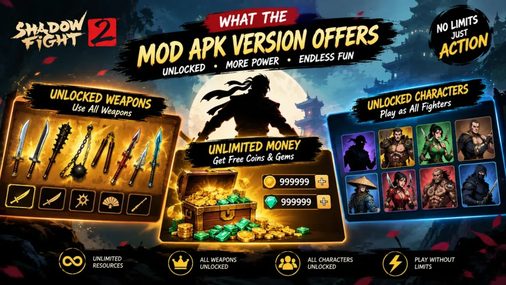 Shadow Fight 2 MOD APK unlocked weapons unlimited money and characters