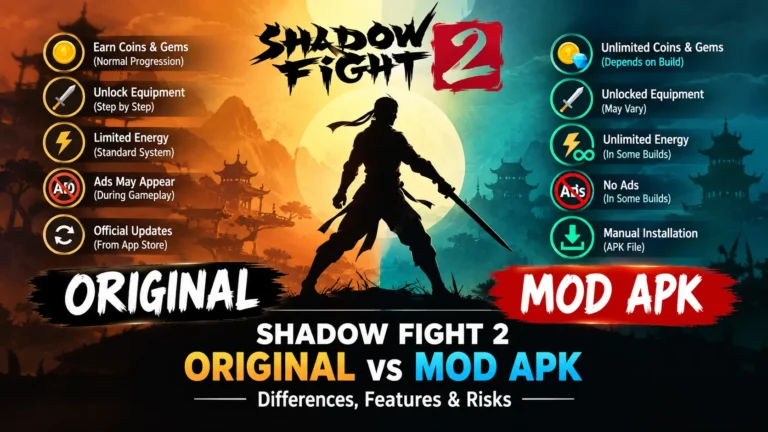 Shadow Fight 2 Original vs MOD APK comparison showing features, progression, energy, ads, and updates