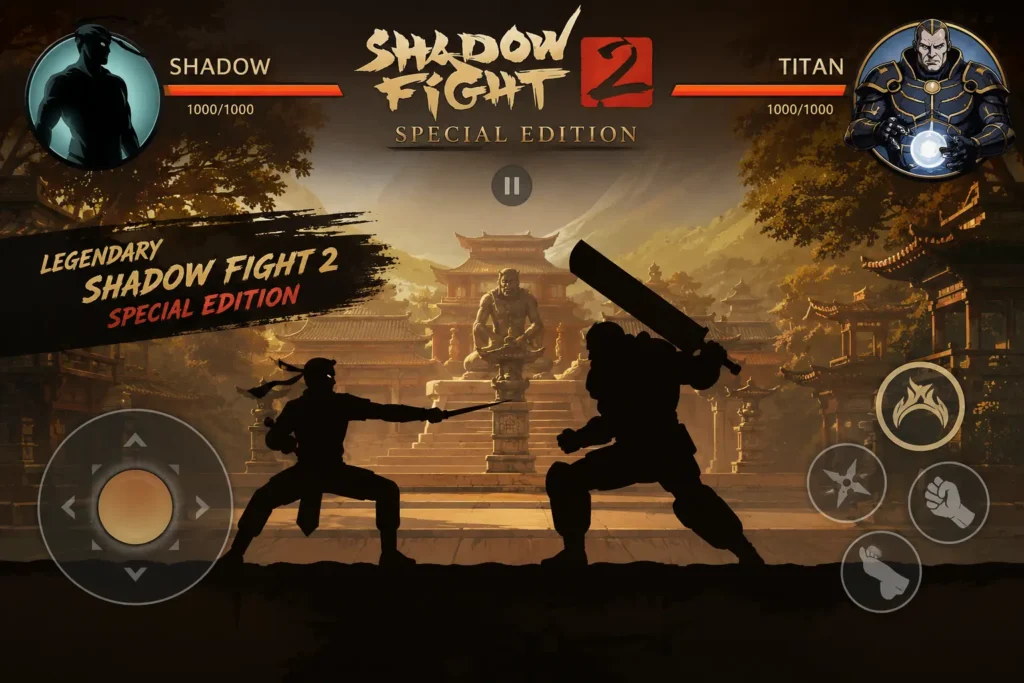 Shadow Fight 2 Special Edition gameplay featuring a shadow warrior fighting Titan