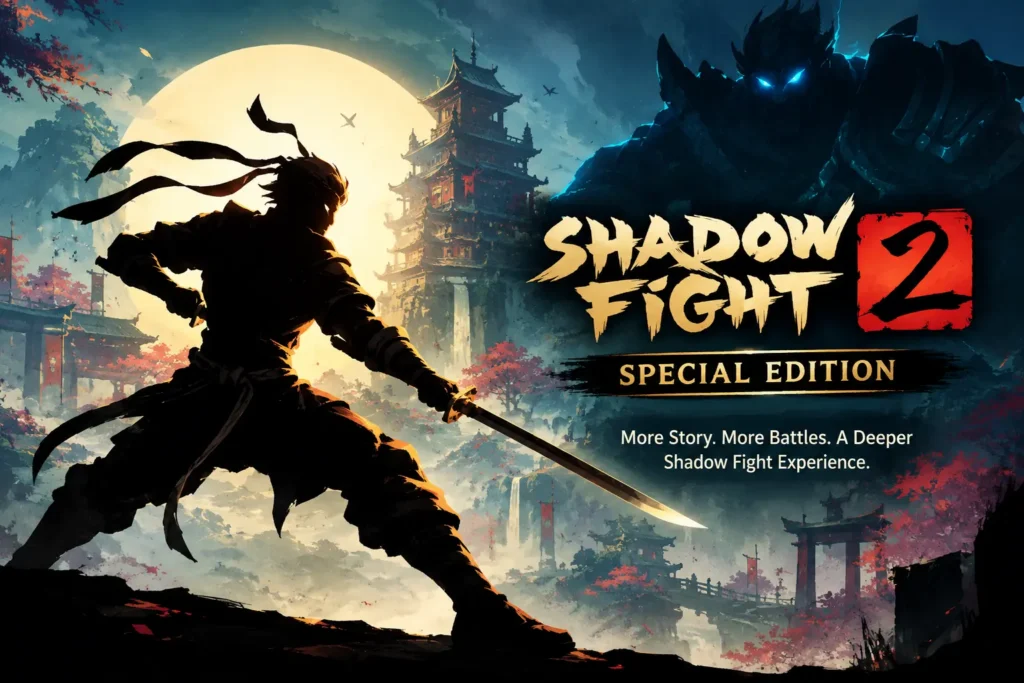 Shadow Fight 2 Special Edition gameplay featuring a shadow warrior