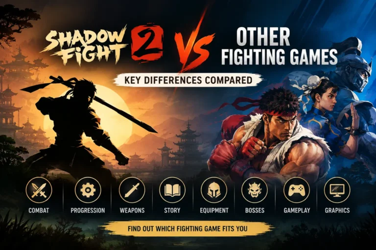 Shadow Fight 2 vs other fighting games comparison of combat, weapons, progression, story, and graphics