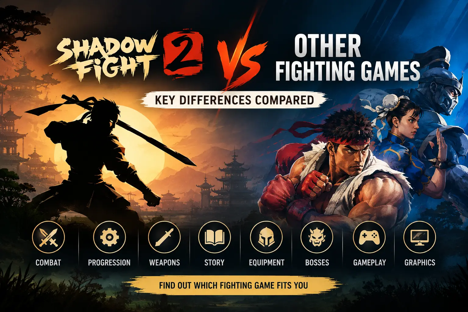 Shadow Fight 2 vs other fighting games comparison of combat, weapons, progression, story, and graphics