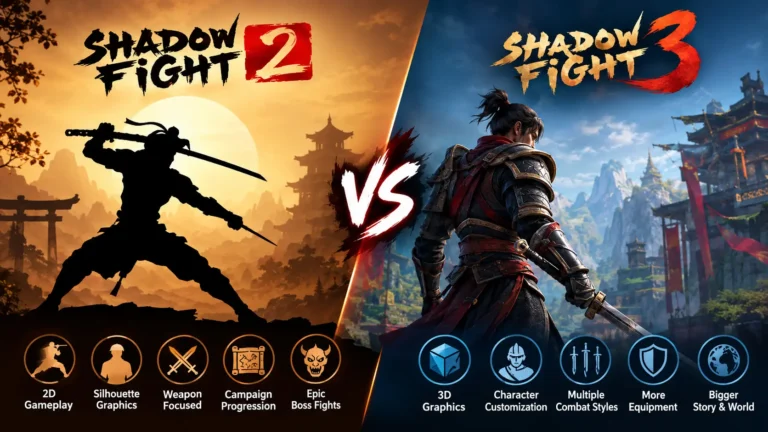 Shadow Fight 2 vs Shadow Fight 3 gameplay, graphics, weapons, combat styles, and character customization comparison