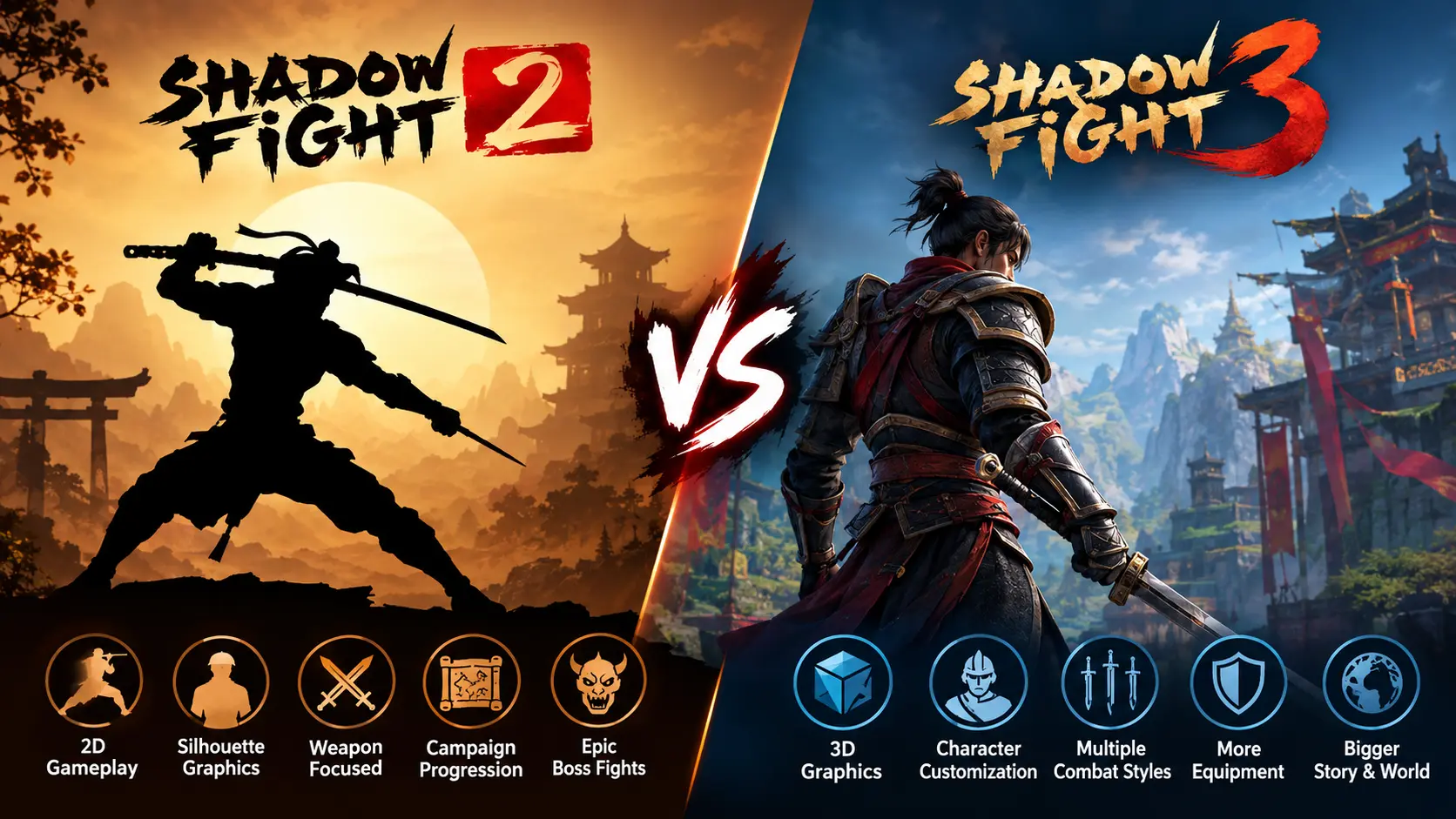 Shadow Fight 2 vs Shadow Fight 3 gameplay, graphics, weapons, combat styles, and character customization comparison