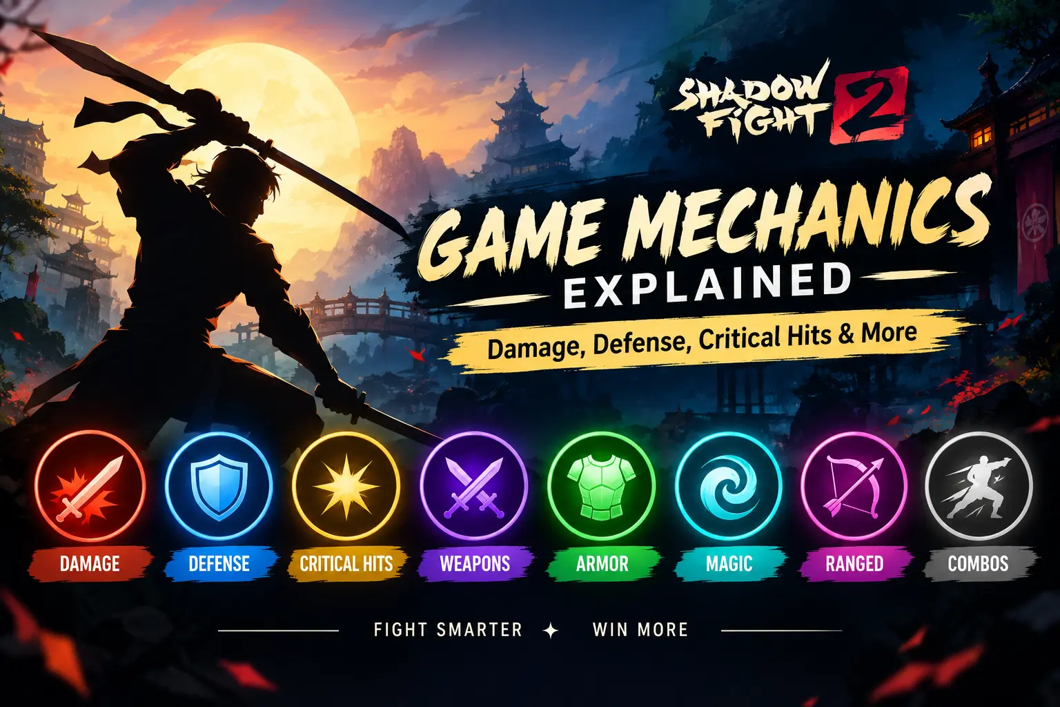 Shadow Fight 2 game mechanics explained with damage, defense, critical hits, weapons, armor, magic and combos