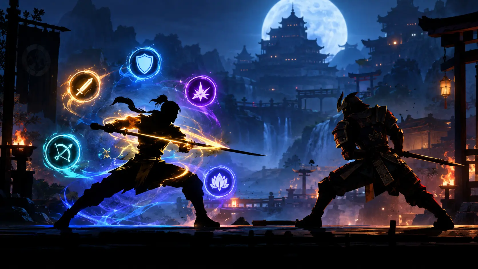 Shadow Fight 2 perks guide showing a fighter using different combat abilities during battle